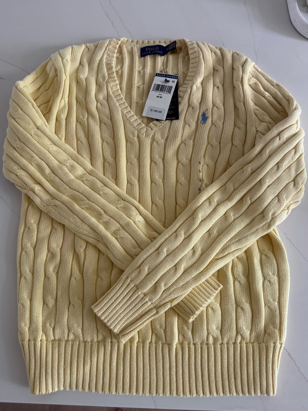 NWT Ralph Lauren Butter Yellow cotton v neck cable knit sweater size M $148 - Picture 2 of 5